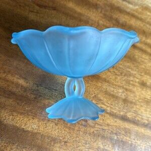 Compote Bowl Lotus Satin Blue Mist Vintage Westmoreland Pedestal 4" Tall 6" Diam
